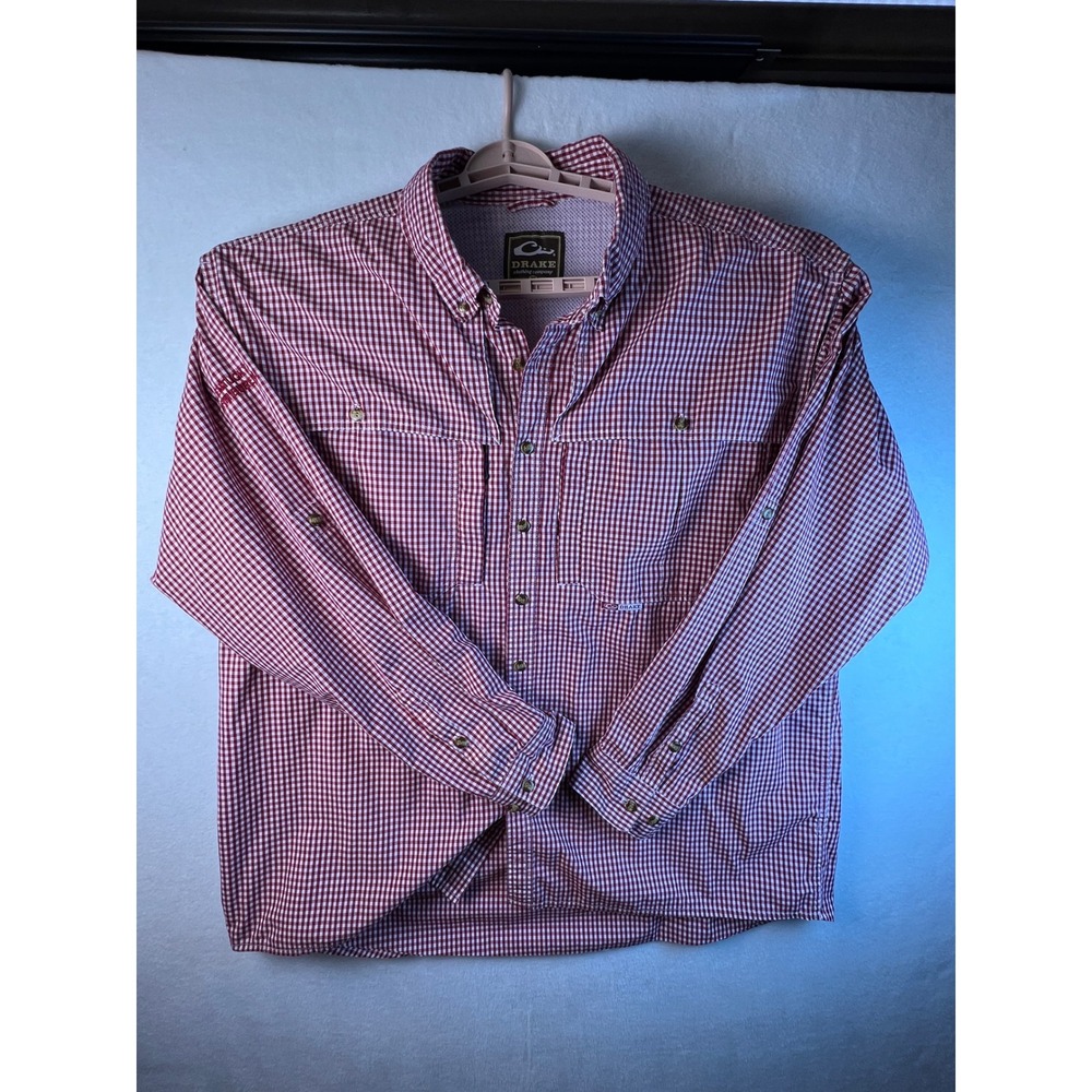 Drake Waterfowl Mens 2X Gingham Fishing Shirt Red White Kentucky Farm Bureau 2XL